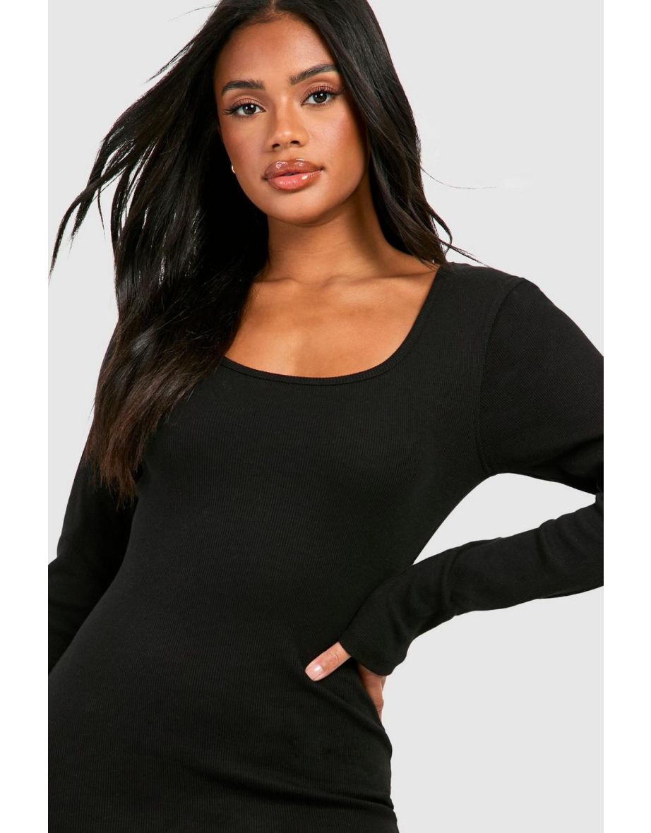Scoop Neck Long Sleeve Rib Mini Dress - black - 3