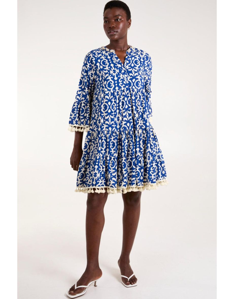 Tassel & Shell Neck Smock Dress