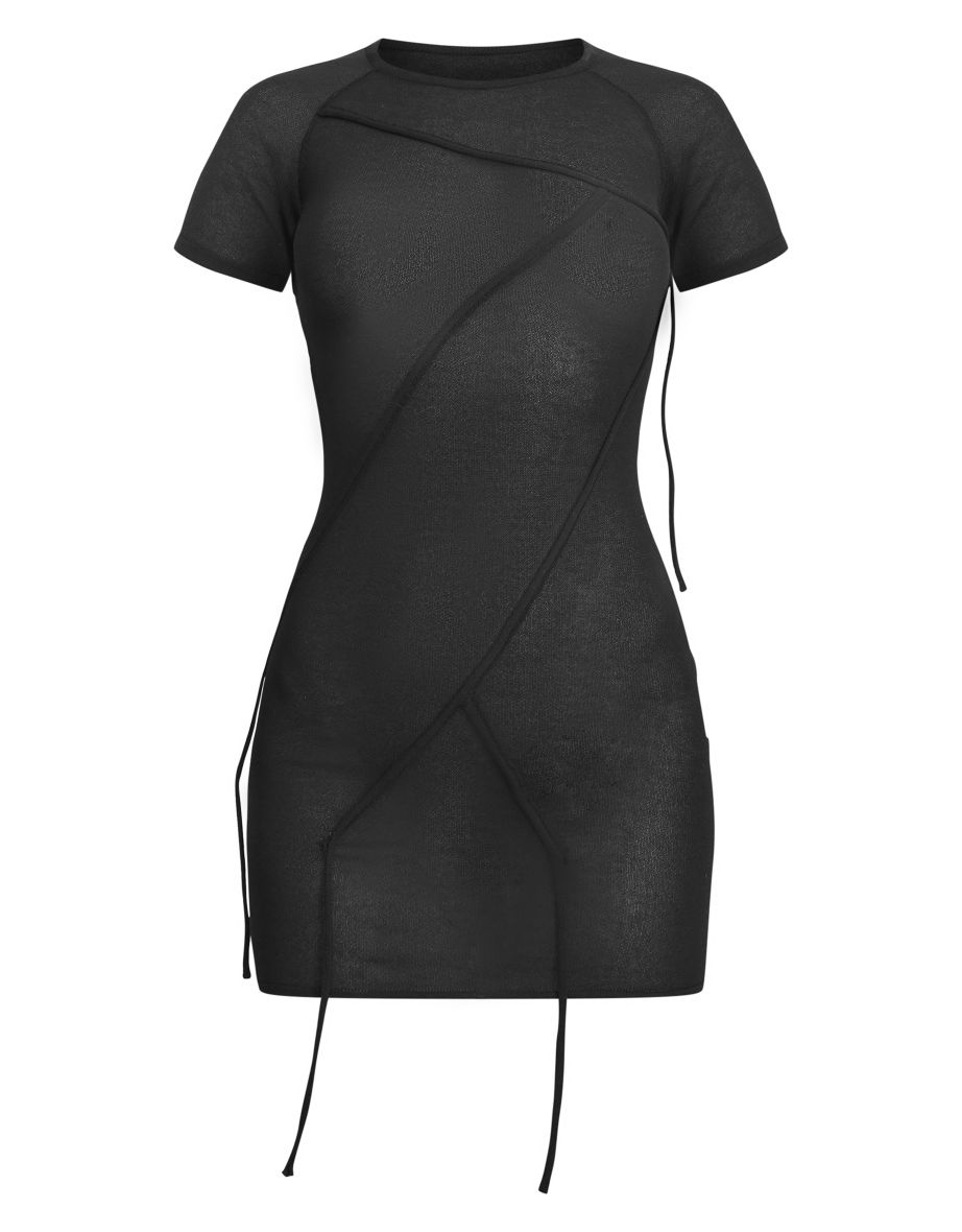 Black Binding Detail Sheer Knit Bodycon Dress - 3