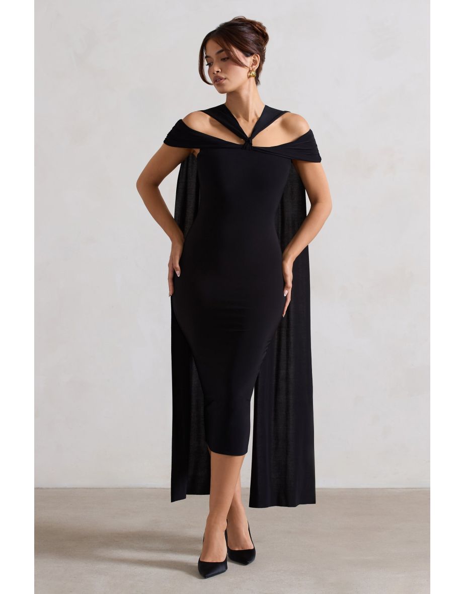 Galia | Black Strappy Midi Dress With Drape