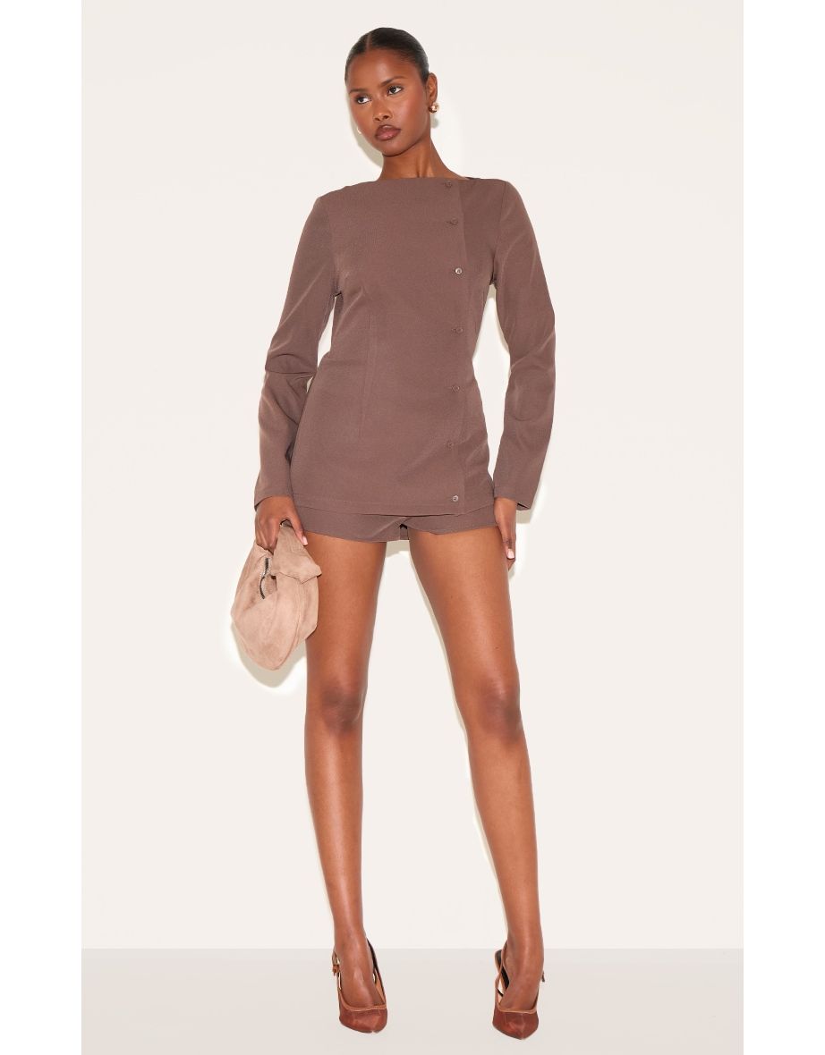 Chocolate Woven Asymmetric Button Tailored Skort Playsuit