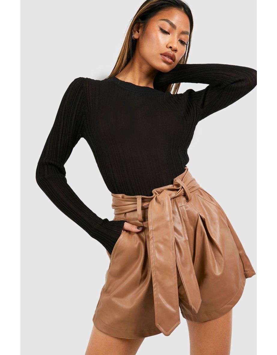 Faux Leather High Waisted Shorts - camel