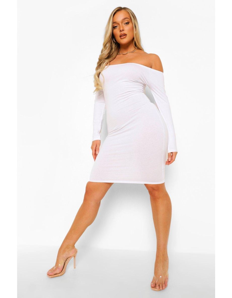 Basic Bardot Long Sleeve Midi Dress - white