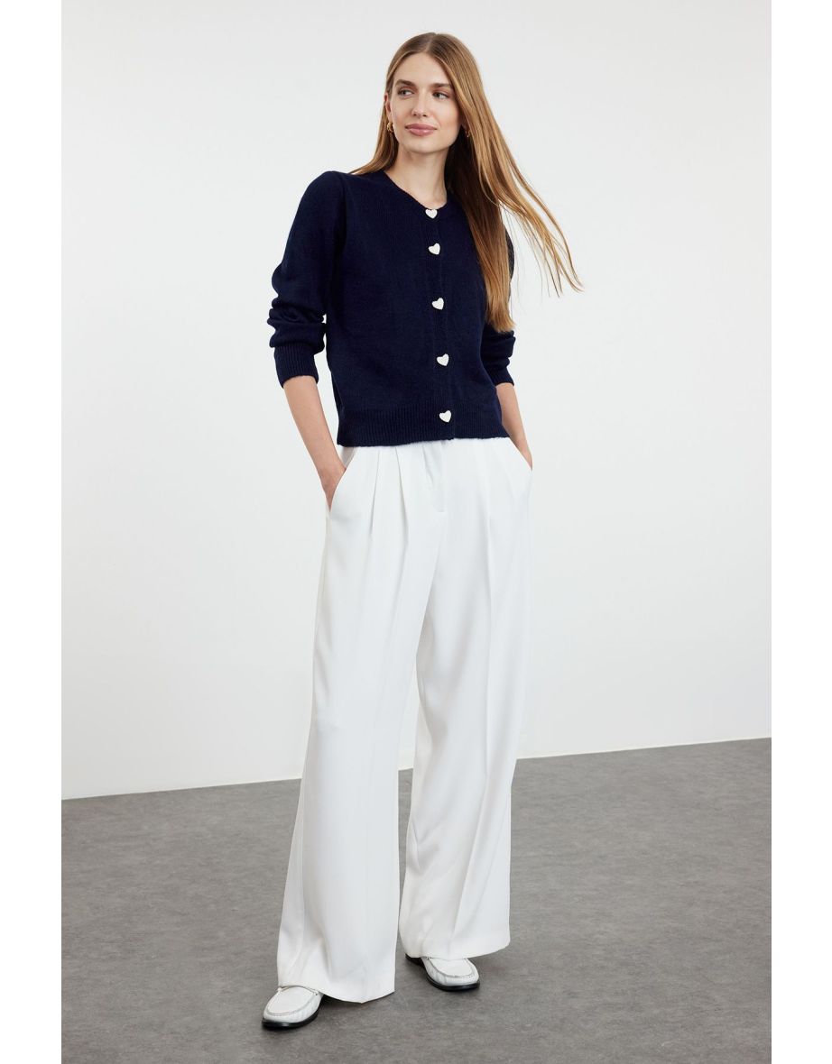 Navy Blue Soft Textured Jewel Buttoned Knitwear Cardigan