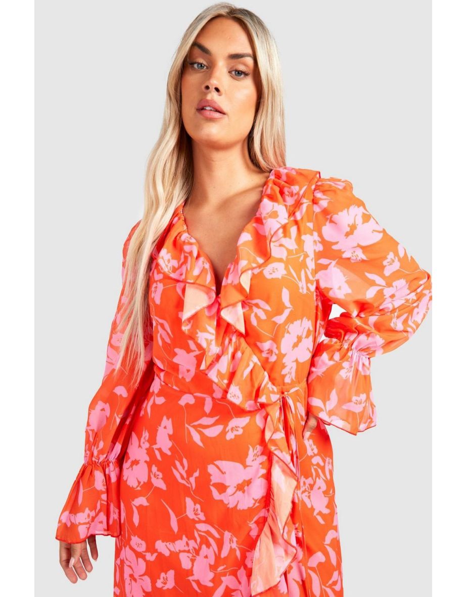 Plus Floral Ruffle Wrap Dress - orange - 3