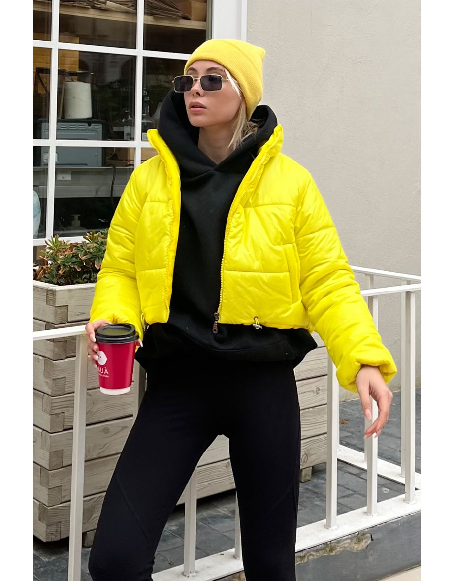 Women's Light Yellow Standing Collar Double Pocketed Inflatable Puffer Coat with Elastic Waist