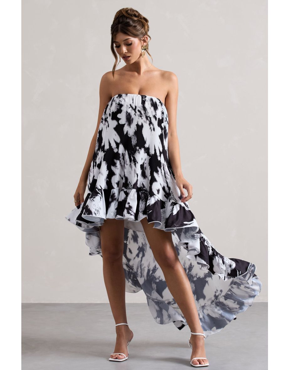 Whistler | Monochrome Floral Chiffon Bandeau High-Low Ruffled Maxi Dress