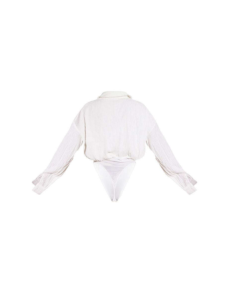White Linen Look Drape Bodysuit - 5