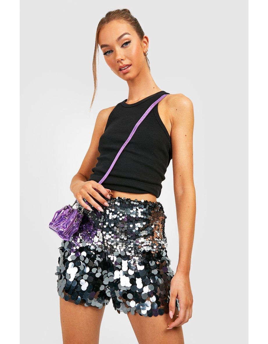 Mixed Sequin High Waist Short - silver - 3