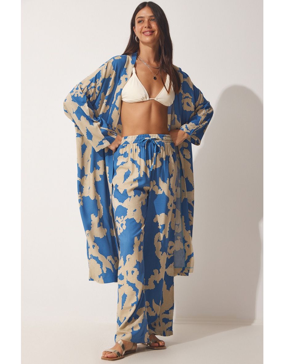 Women's Blue Beige Patterned Viscose Kimono Palazzo Pants Suit