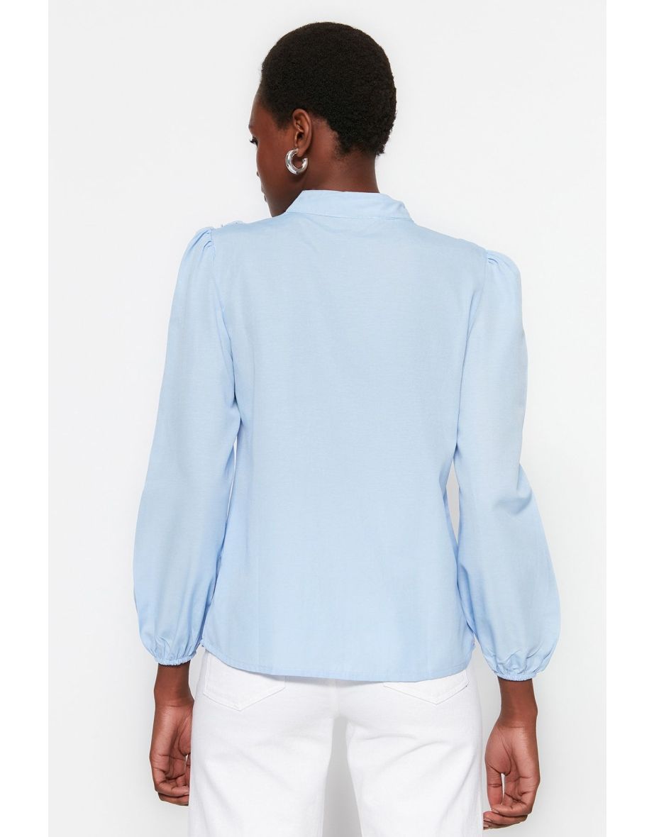 Light Blue Lace Cotton Woven Shirt - 5