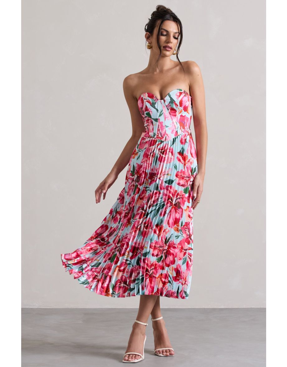 Bordeaux | Mint Floral Print Satin Corset Style Midi Dress