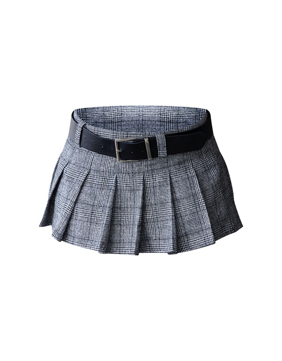 Monochrome Plaid Brushed Woven Belted Pleated Mini Skirt - 5