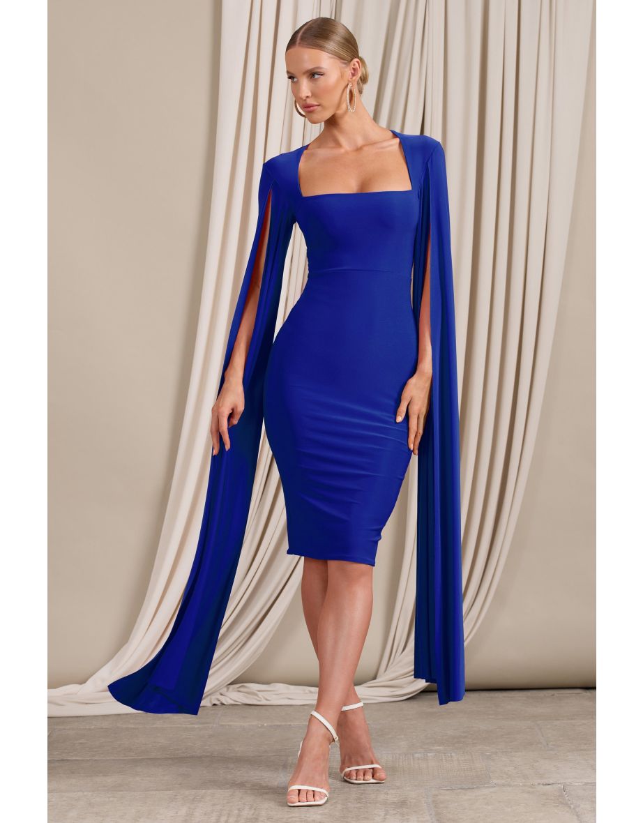 Flawless | Cobalt Blue Square Neck Midi Dress With Cape Sleeves - 4