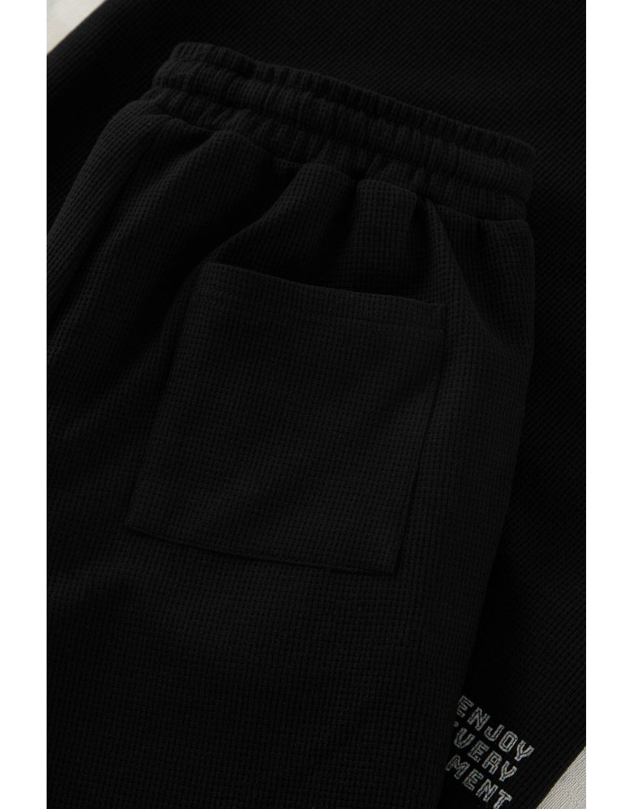 Black Regular Fit Waffle Knitted Shorts Pajama Set - 8
