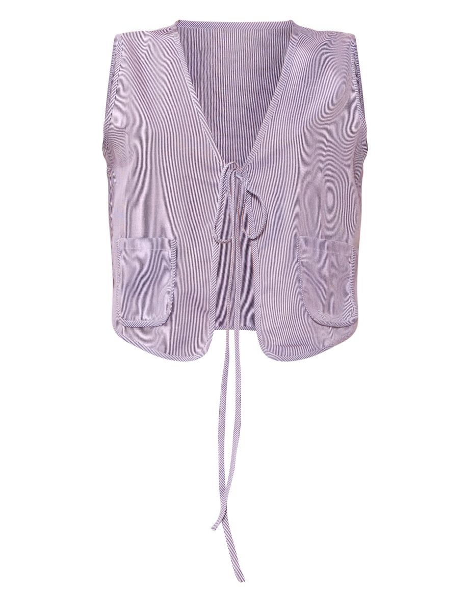 Light Grey Pinstripe Linen Look Tie Front Waistcoat - 4
