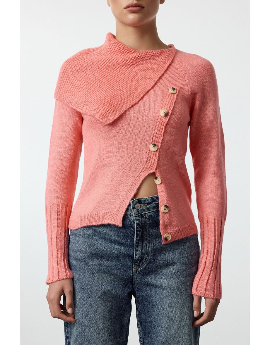 Peach Turn-down Collar Asymmetric Button Detail Soft Texture Knitwear Sweater - 4