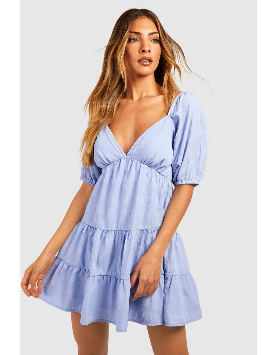 V Neck Tiered Smock Dress - blue