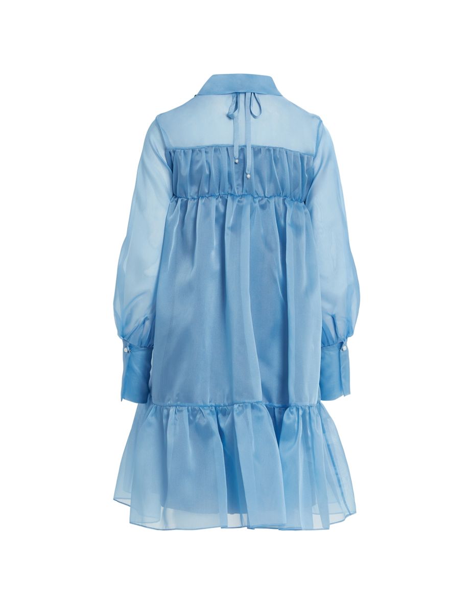 Transparent Blue Dress with Removable Flower Detail and Ruched Hem - 2