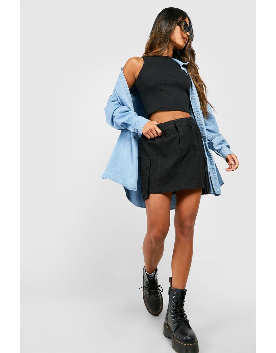 Elasticated Waist Micro Mini Cargo Skirt - black