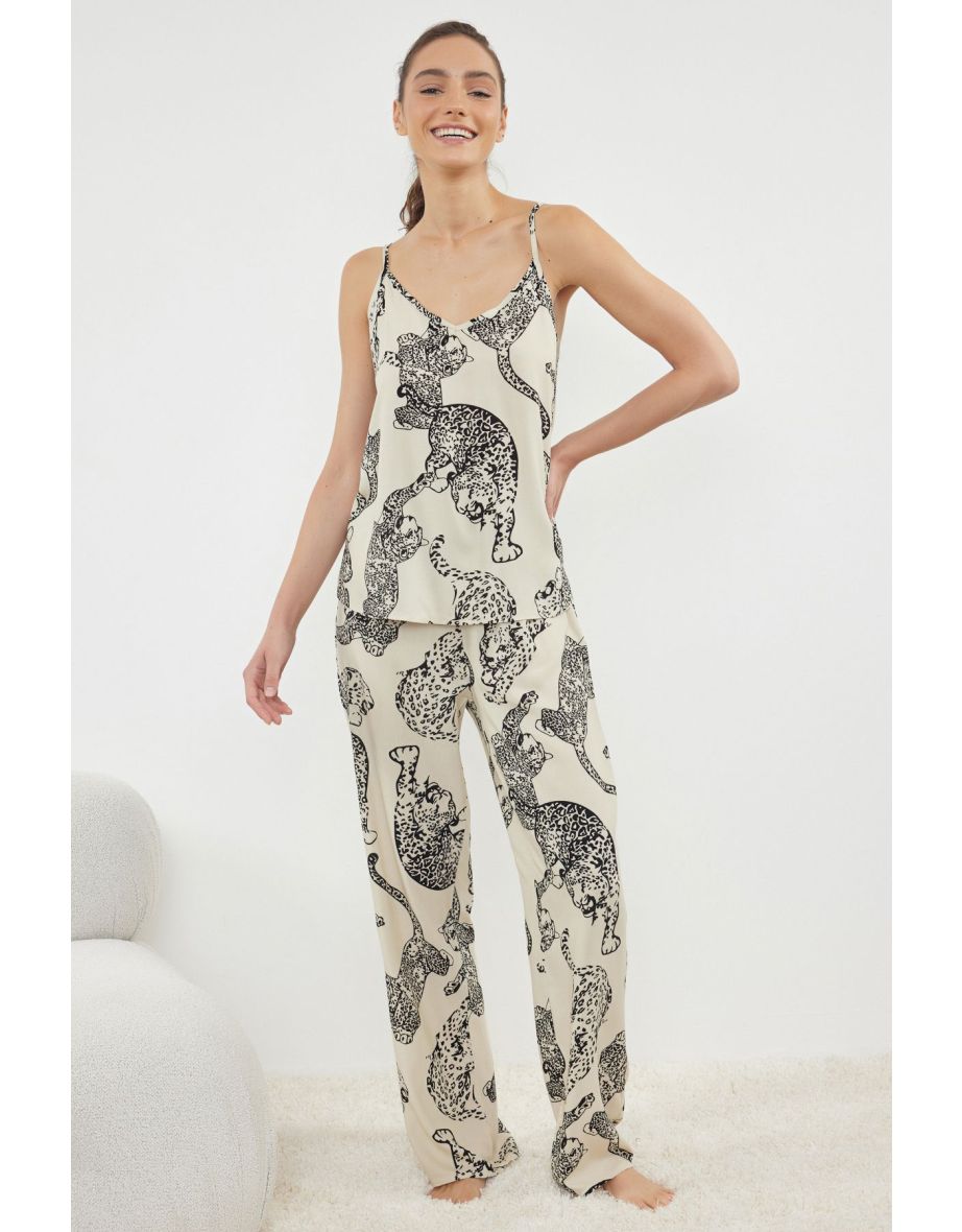 Cream Animal Poplin Woven Pajama Set