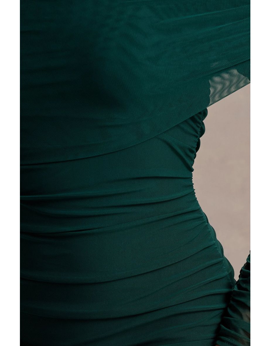 Slate Blue Asymmetric Bardot Mesh Ruched Midi Dress - 6