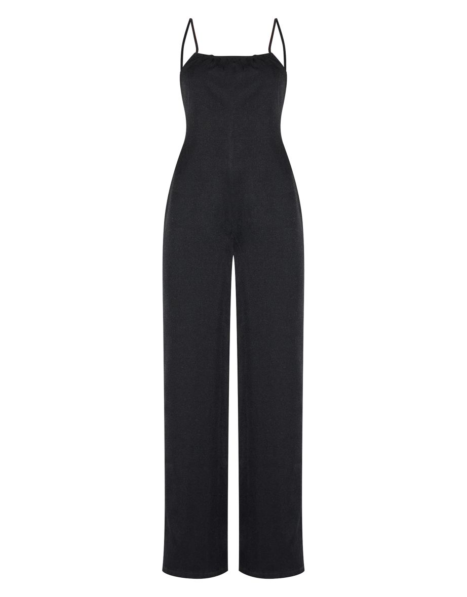 Black Woven Backless Square Neck Wide Leg Jumpsuit - 4