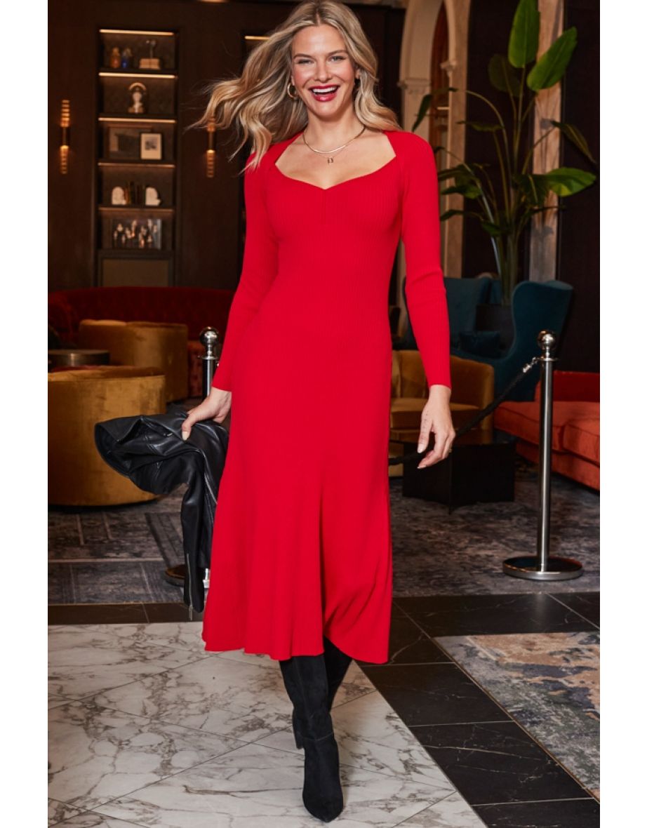 Red Sweetheart Neckline Fit & Flare Midi Dress