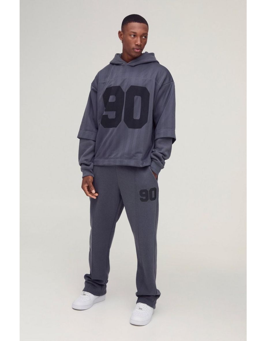 Oversized 90 Printed Football Tee Overlay Hooded Tracksuit - charcoal