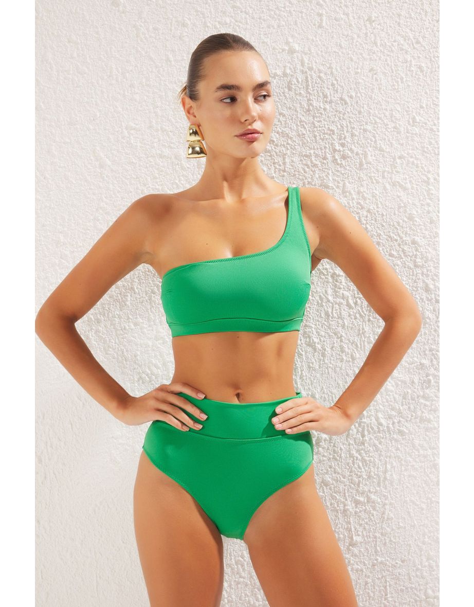 Green Plain One Shoulder High Waist Regular Bikini Set