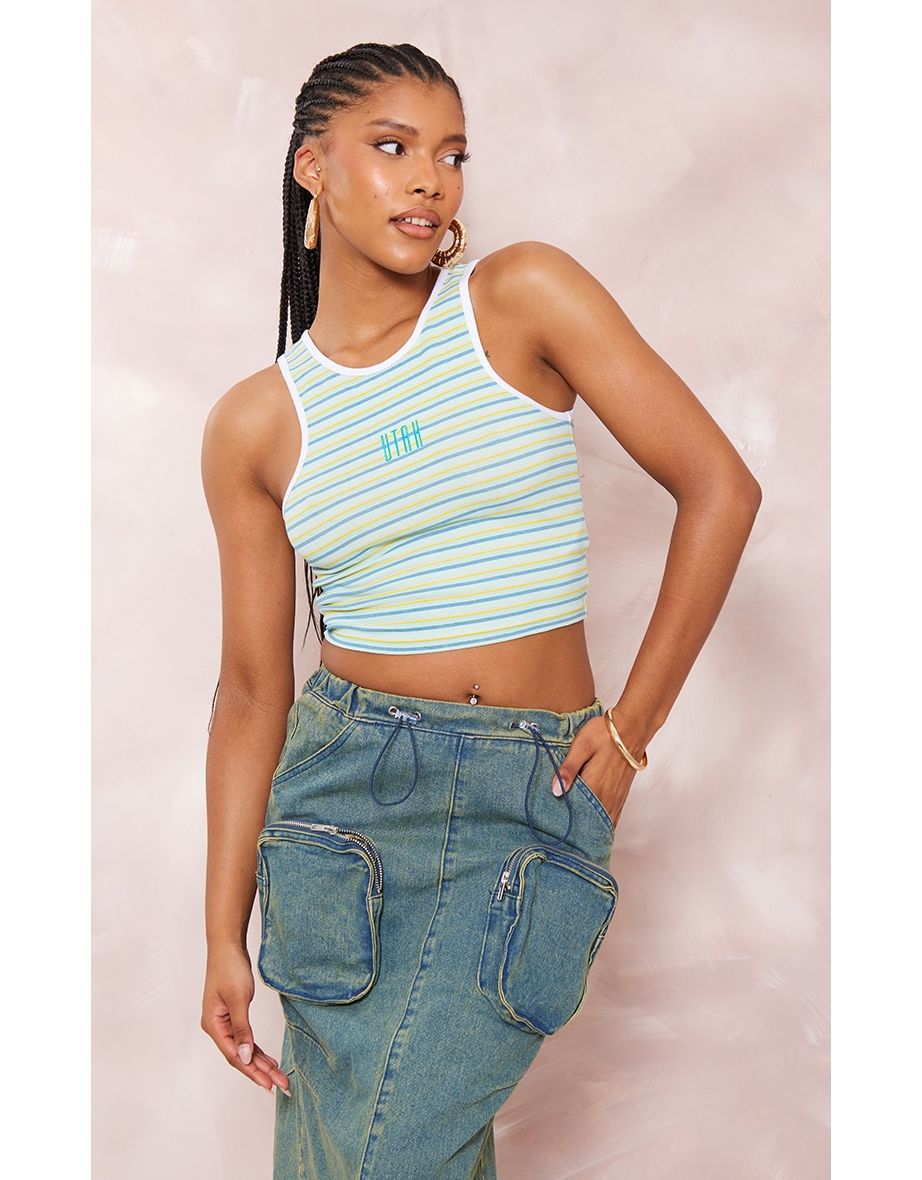 Prettylittlething Blue Striped Crop Top