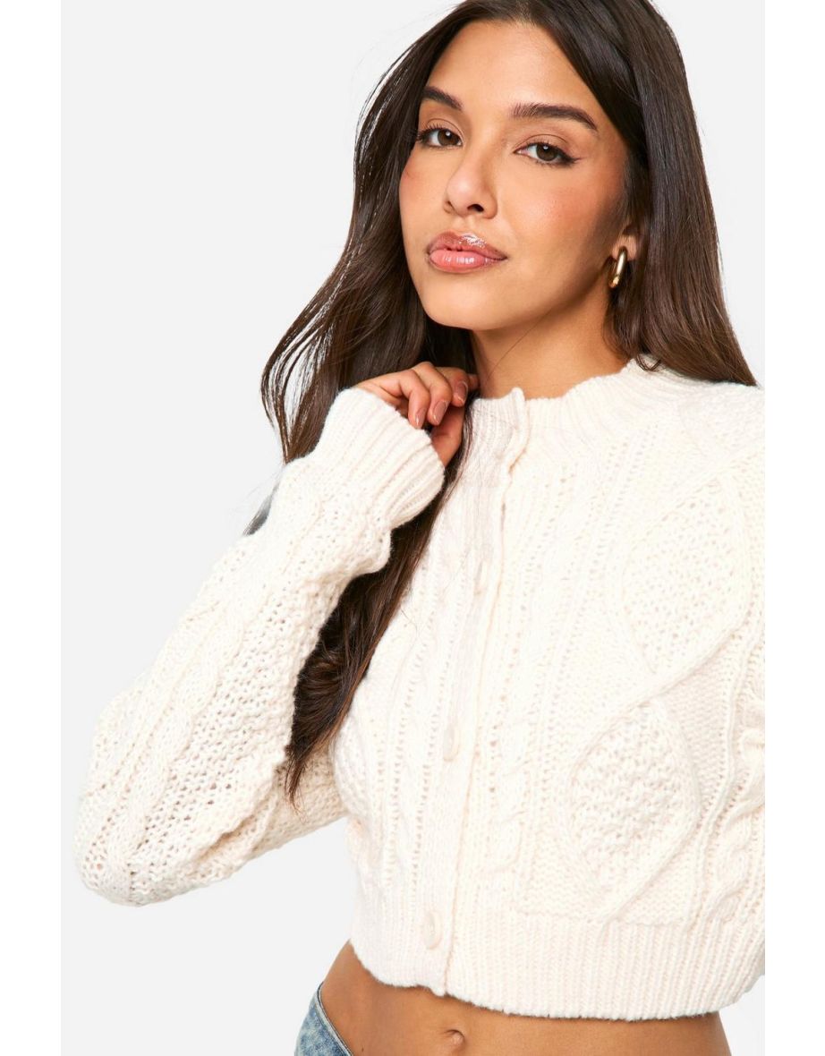 Cable Knit Cropped Cardigan - cream - 3