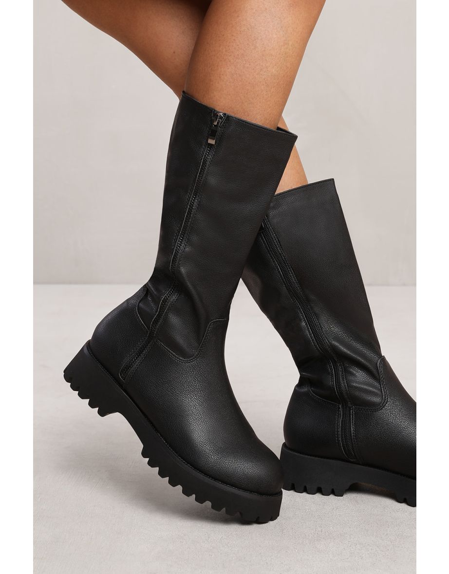 ZELDA MID CALF BOOT WITH DOUBLE ZIP IN BLACK FAUX LEATHER - 1