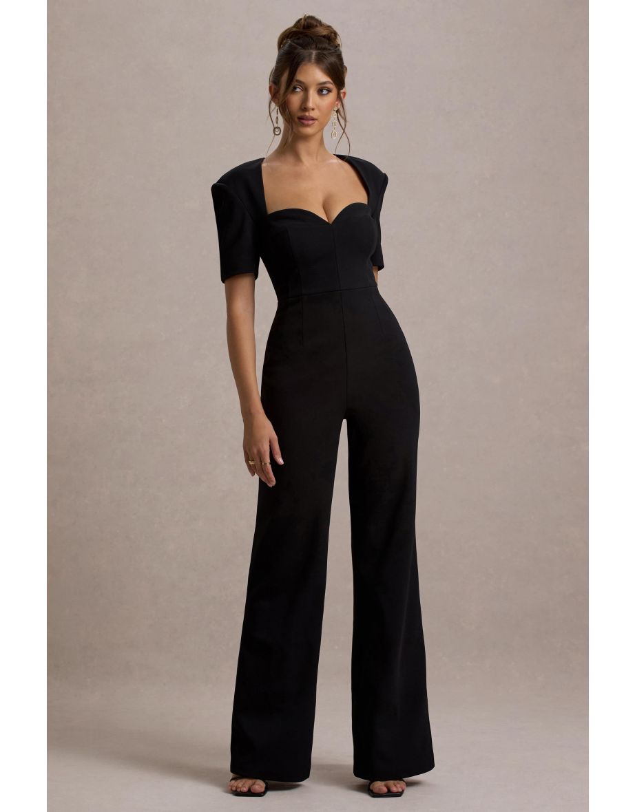 Simone | Black Sweetheart Short-Sleeve Wide-Leg Jumpsuit