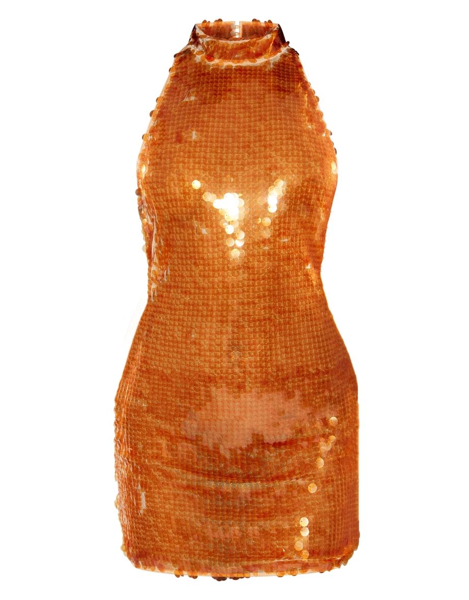 Orange Sequin High Neck Backless Bodycon Dress - 4