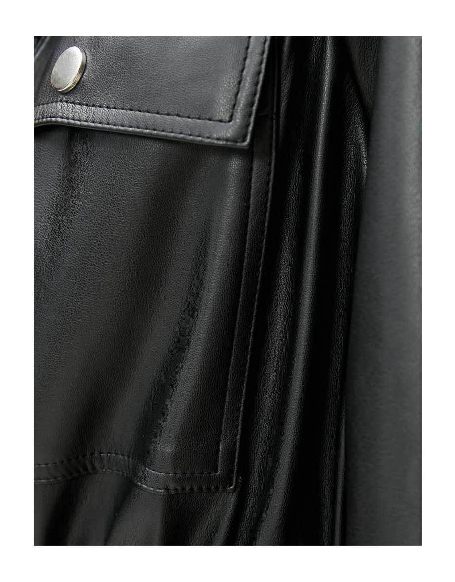 Faux Leather Jacket Pockets Gathered Waist - 5