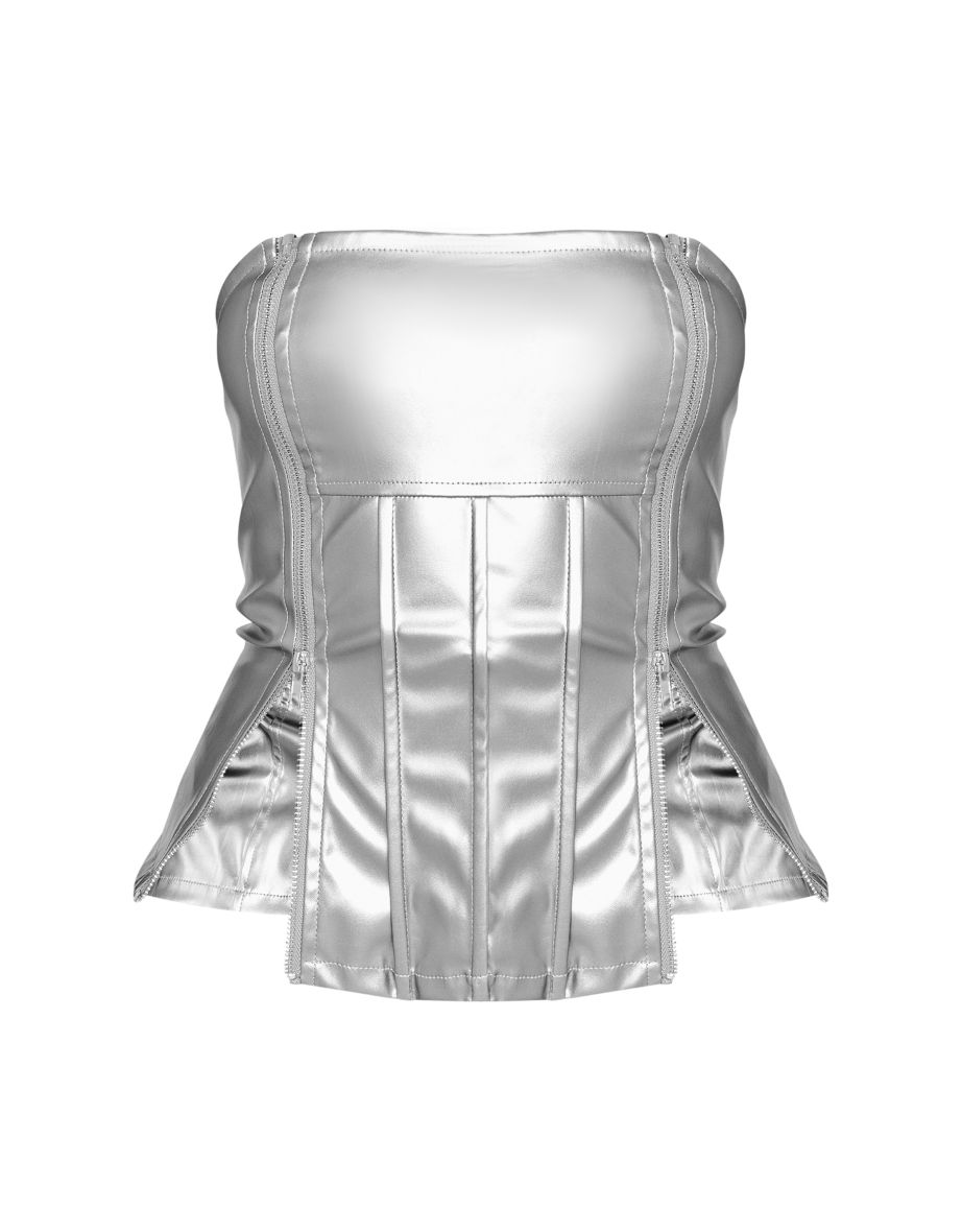 Silver Metallic Faux Leather Bandeau Zip Detail Corset Top - 4