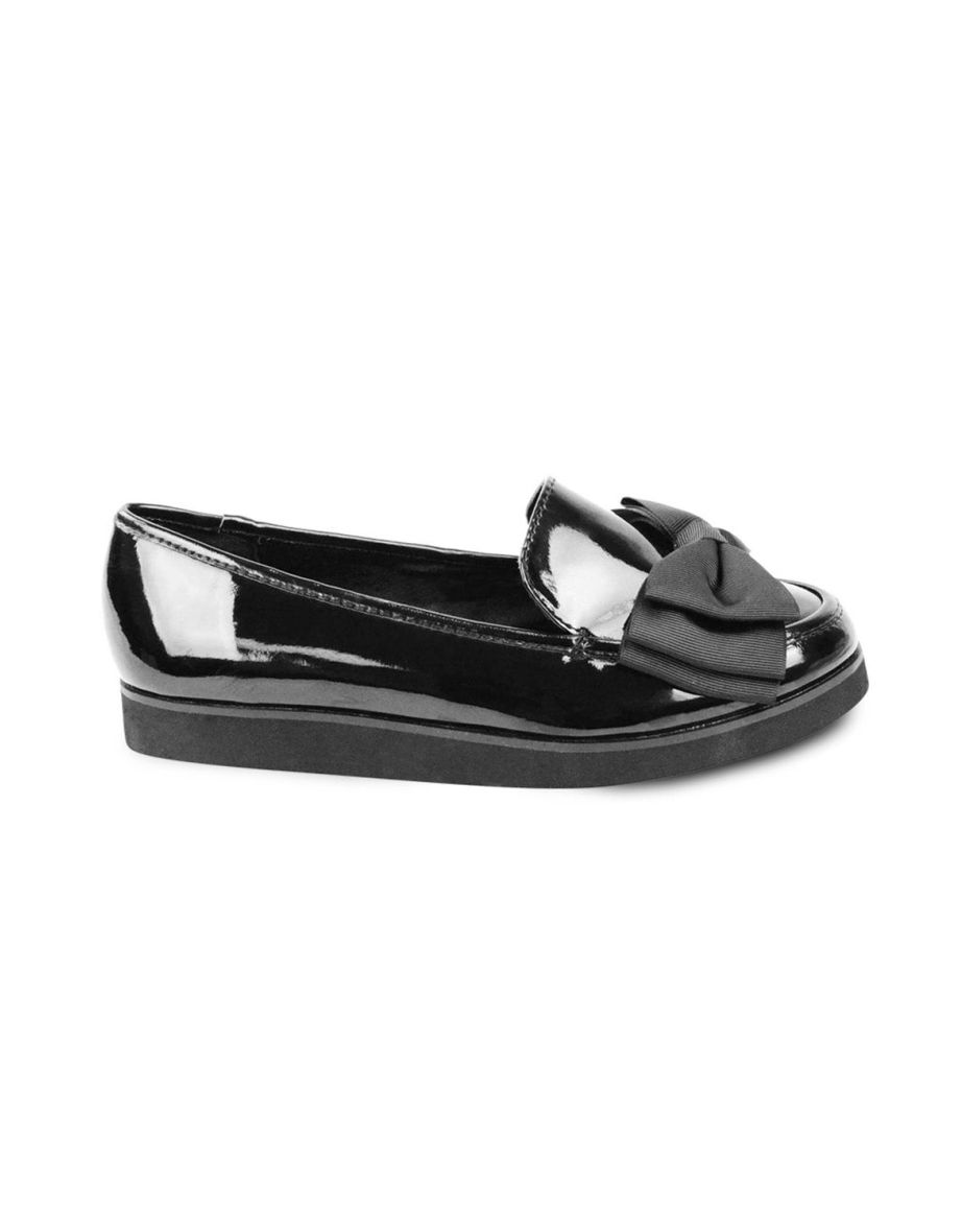 ALPHA WIDE FIT SLIP ON LOAFER SLIDER WITH BOW DETAIL IN BLACK PATENT FAUX LEATHER - TEST - 6