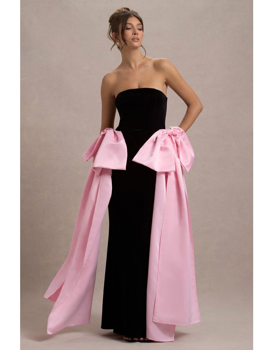 Attention | Black Strapless Maxi Dress With Pink Satin Bows