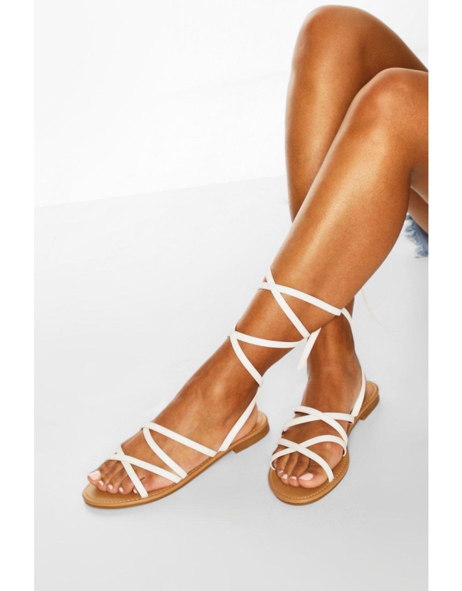 Strappy Ankle Tie Flat Sandals - white