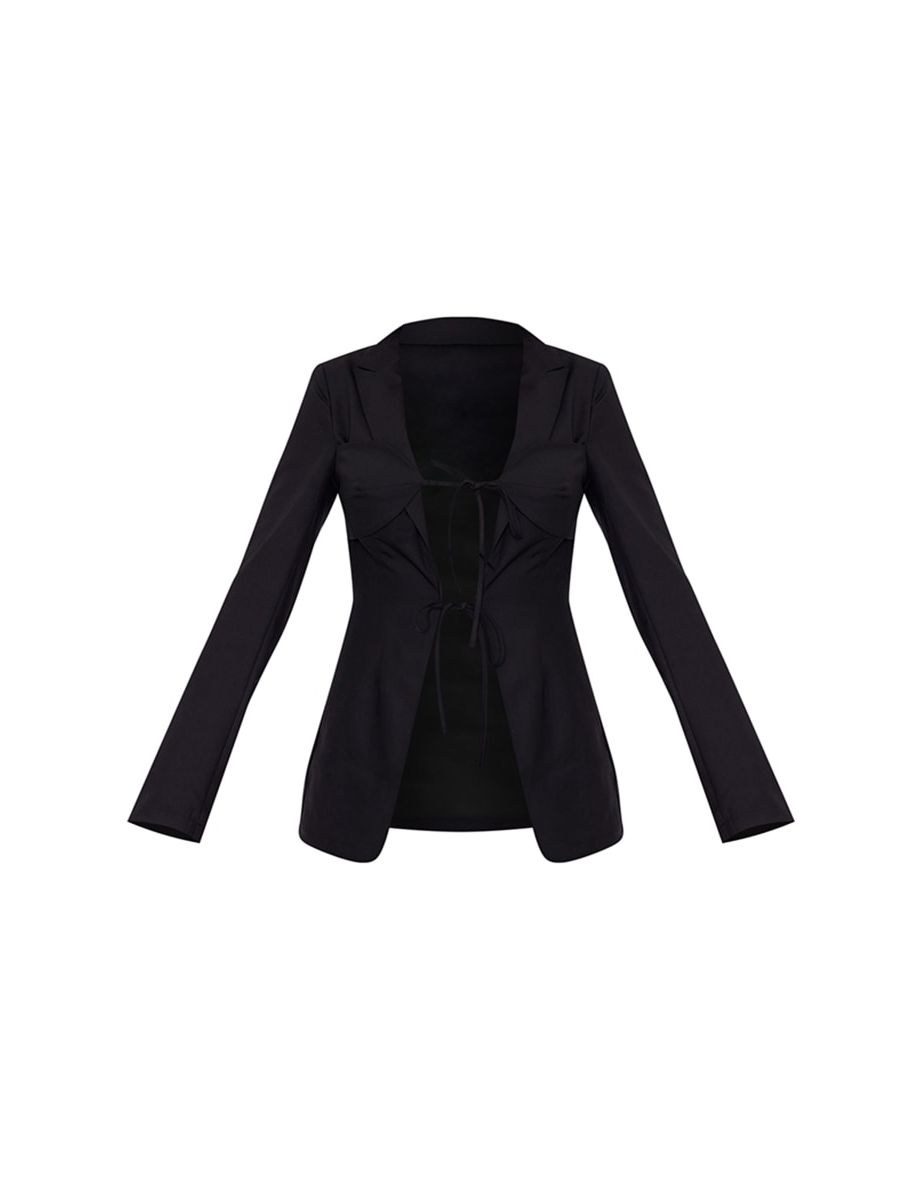 Black Tailored Woven Tie Front Longline Blazer - 4