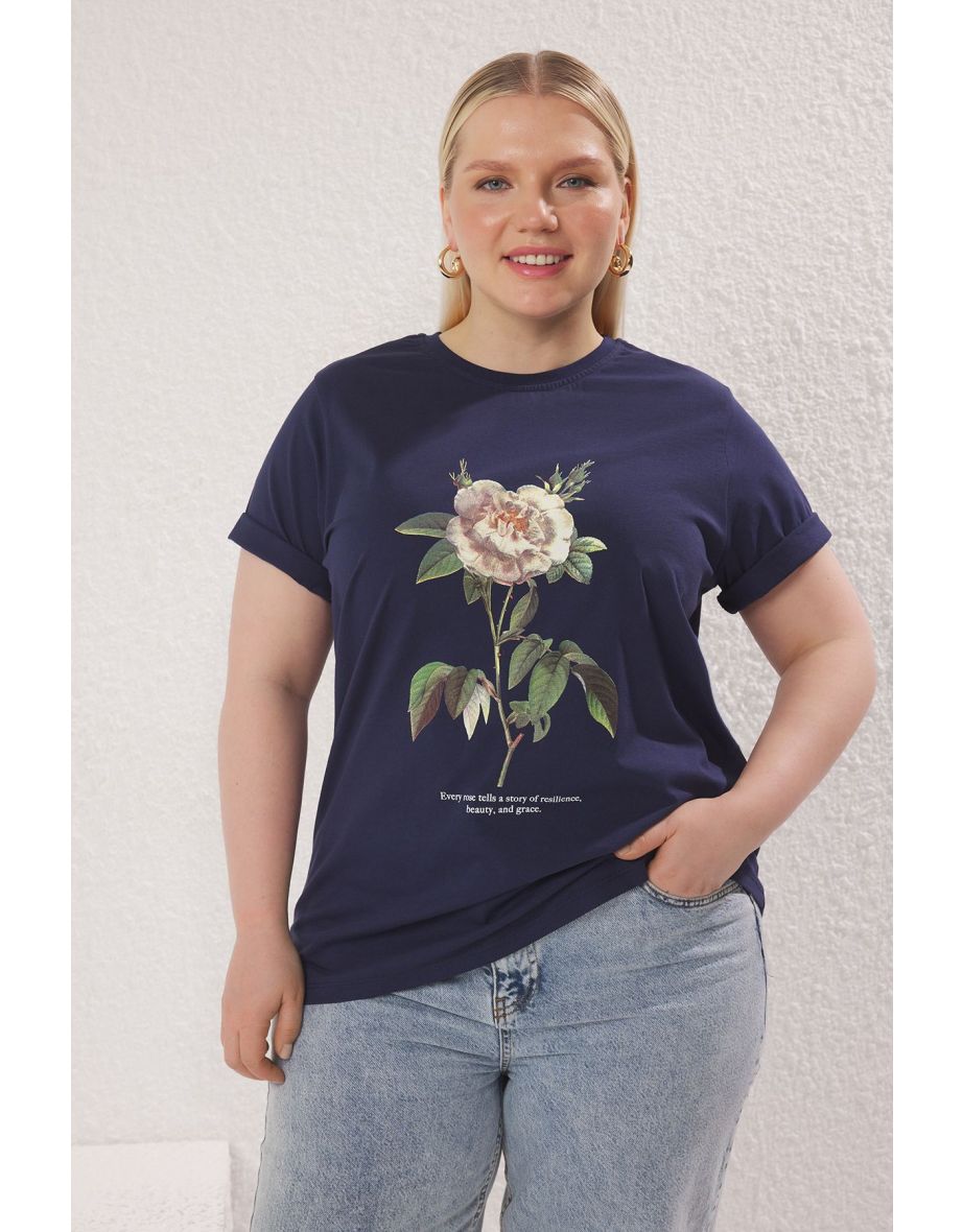 Navy Blue Crew Neck Floral Printed Boyfriend Fit Plus Size T-shirt