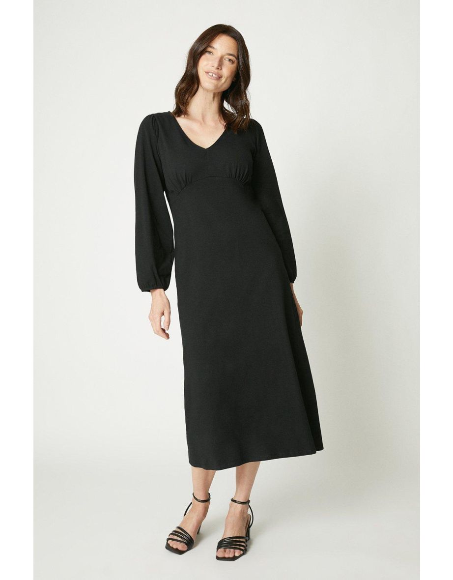 Plain V Neck 3/4 Sleeve Midi Dress - black