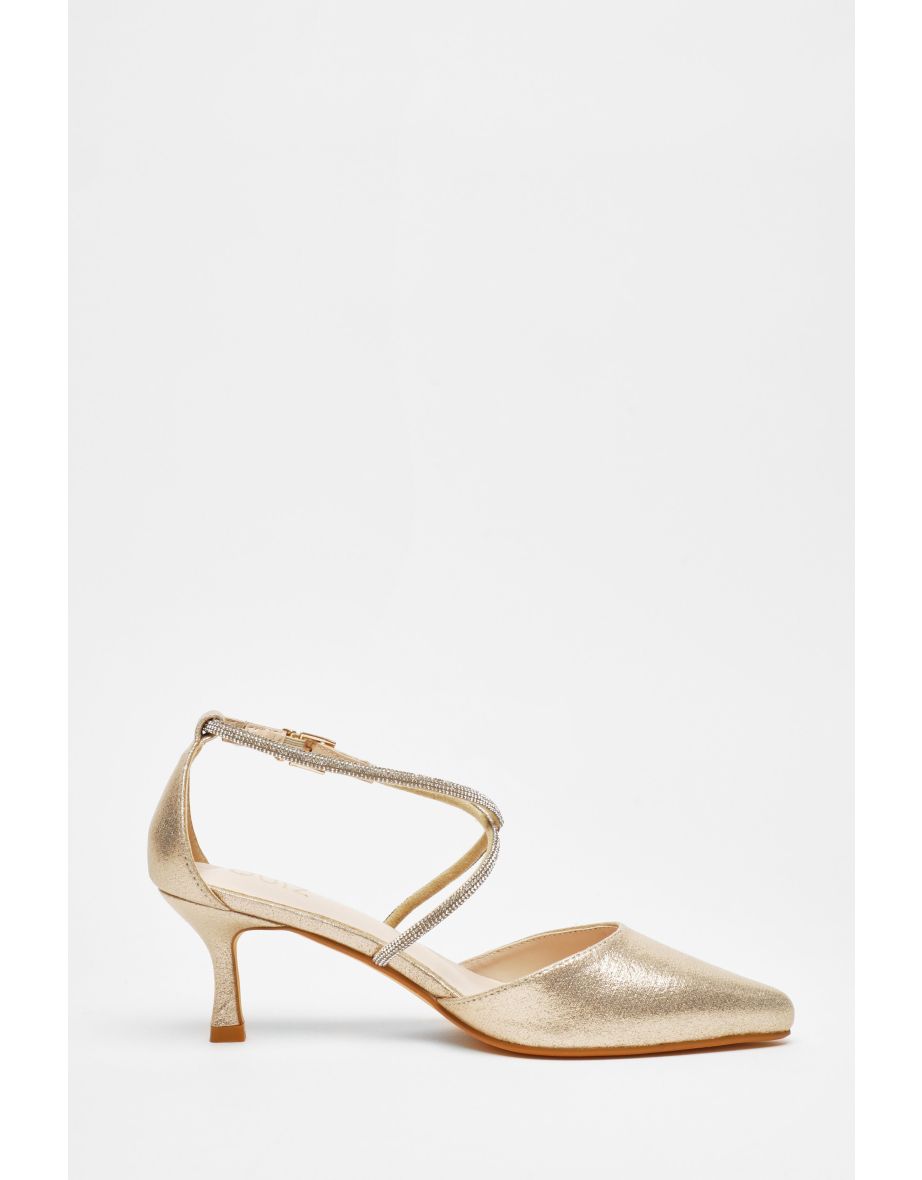 Quiz Gold Satin Cross Strap Court Heels - 4