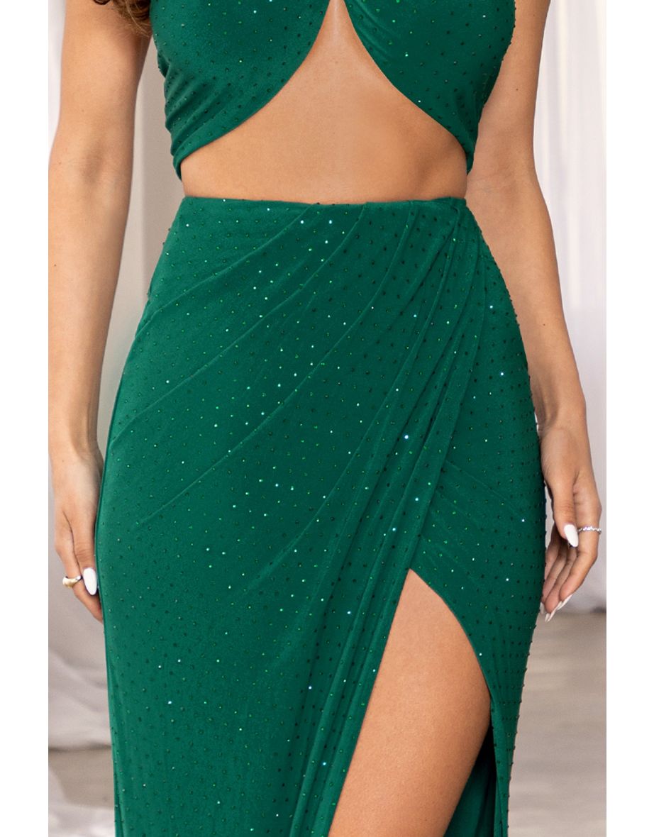 Caressing | Bottle Green Diamante Wrap Detail Maxi Skirt