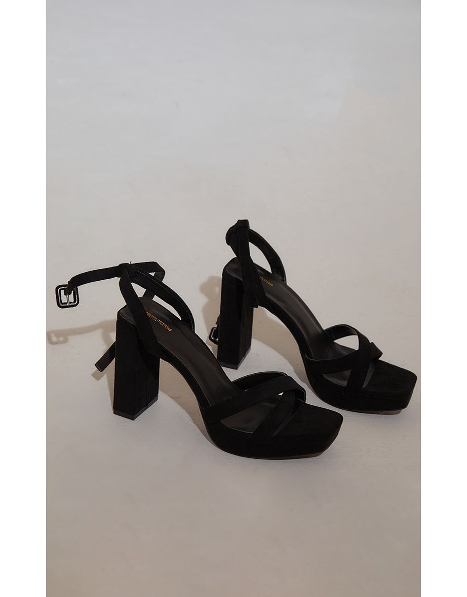 Black Faux Suede Square Toe Lace Up Flat Chunky Heeled Platforms - 3