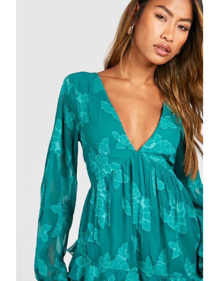 Burnout Floral Smock Dress - green - 3
