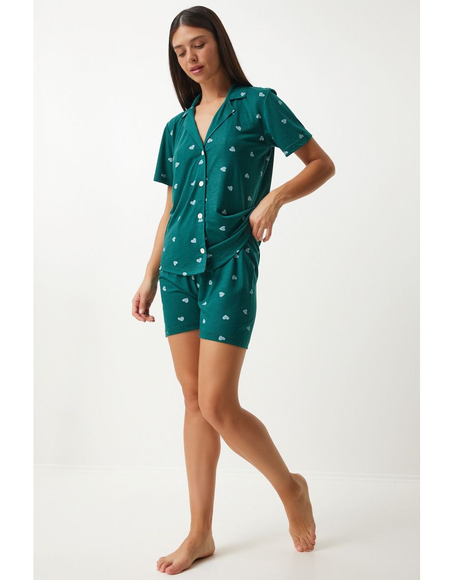 Women's Dark Green Heart Viscose Shorts Shirt Pajama Set