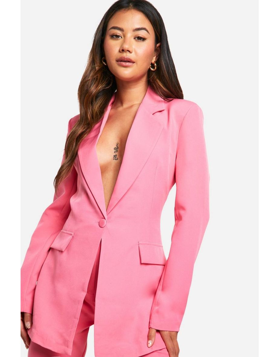 Plunge Front Single Button Fitted Blazer - bright pink - 3