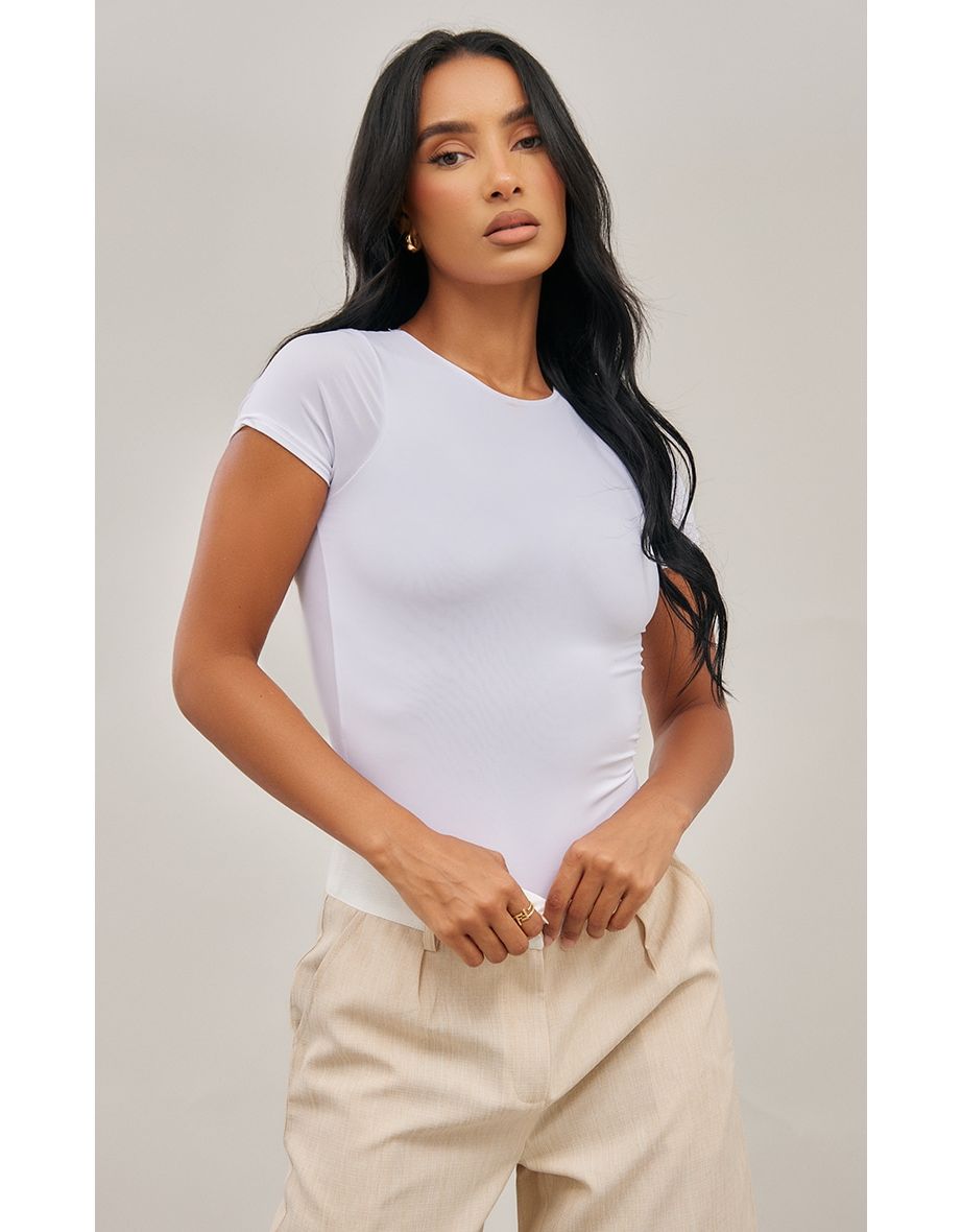 White Basic Slinky Short Sleeve Bodysuit